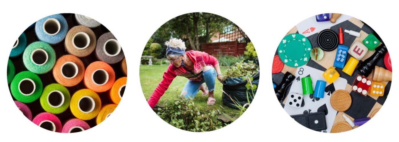three images of colour spools of thread, a senior woman gardening, an a pile of cards, dice, and game pieces