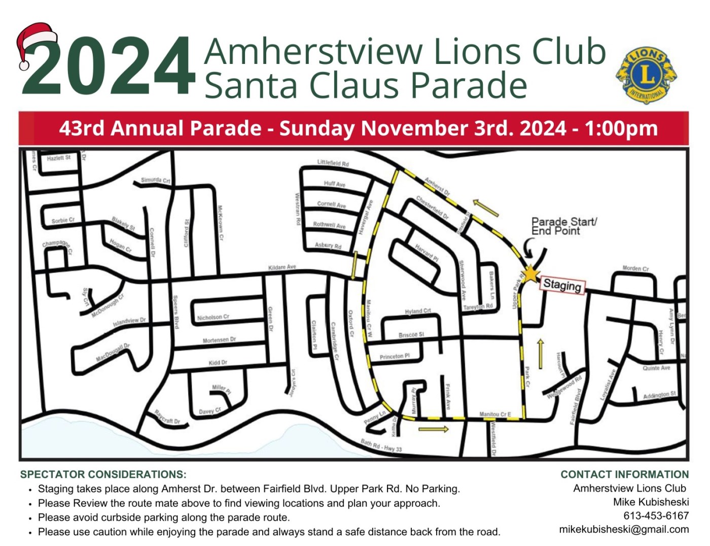 map of parade route for Santa's parade in Amherstview