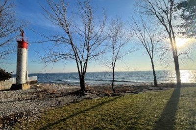 lighthouse at waterfront with bare trees