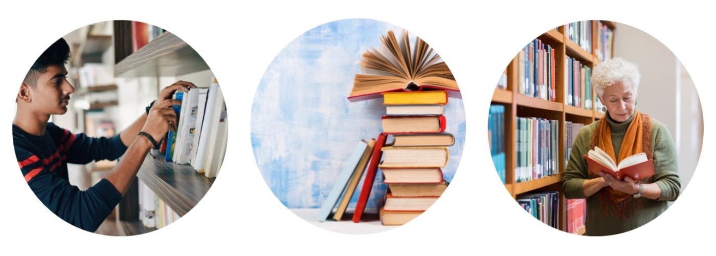 three pictures, the first is a young man browsing a library shelf, the second is a stack of books, and the third is an elderly woman looking at a book