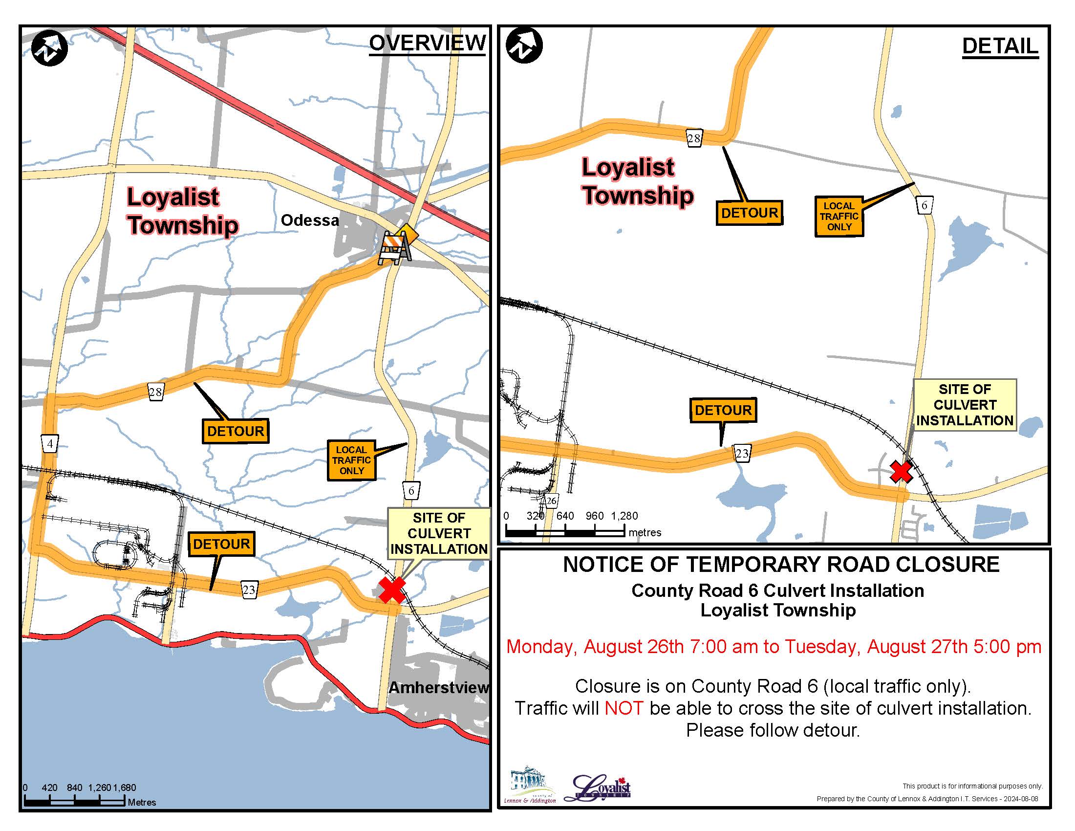 Map illustrating road closure on Country Road 6