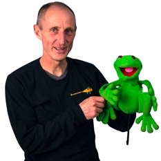 Man with green frog puppet